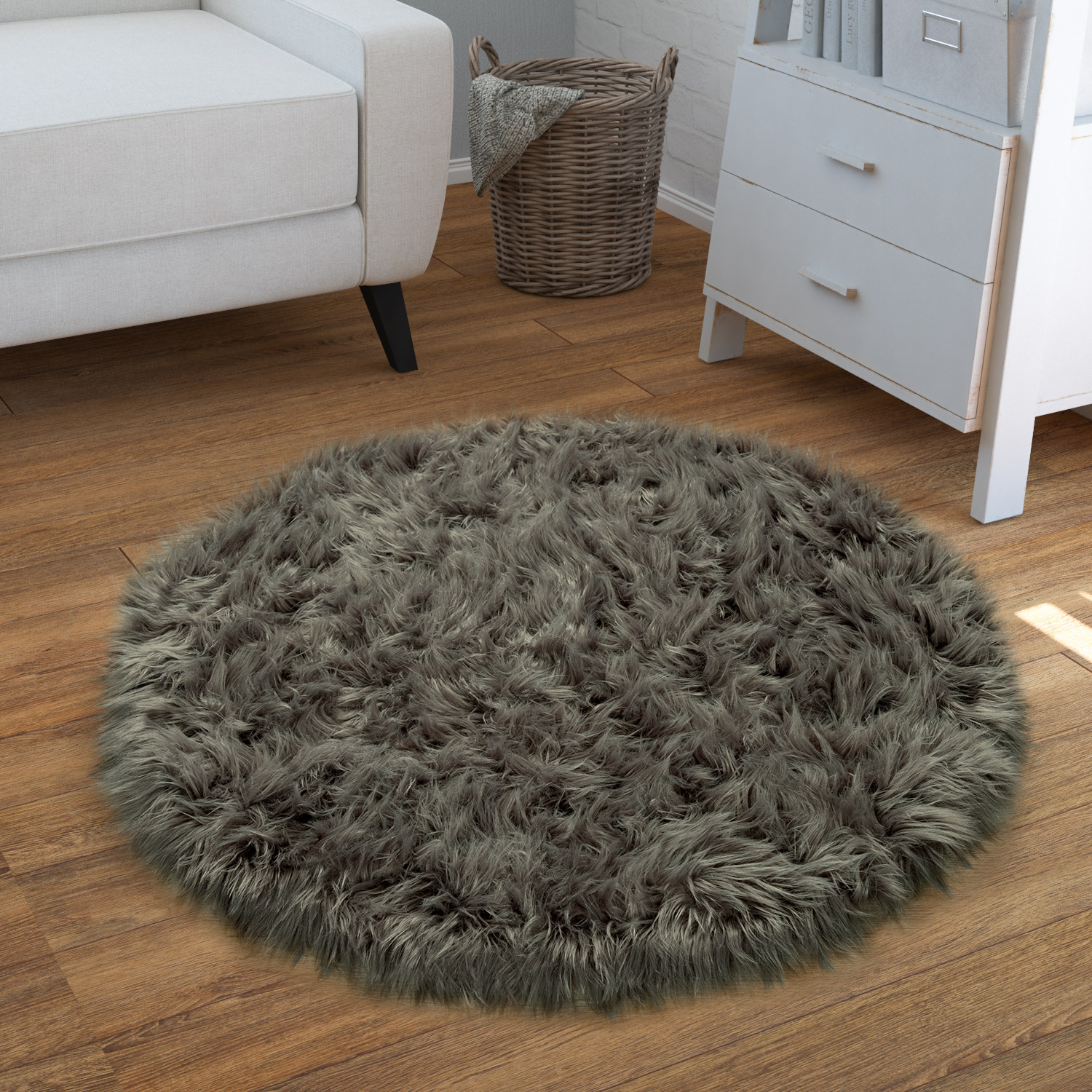 Paco Home - Kunstfell Fellteppich Imitat Sitzkissen Herzform Rund Versch. Formen Dunkelgrau 90 Cm Rund