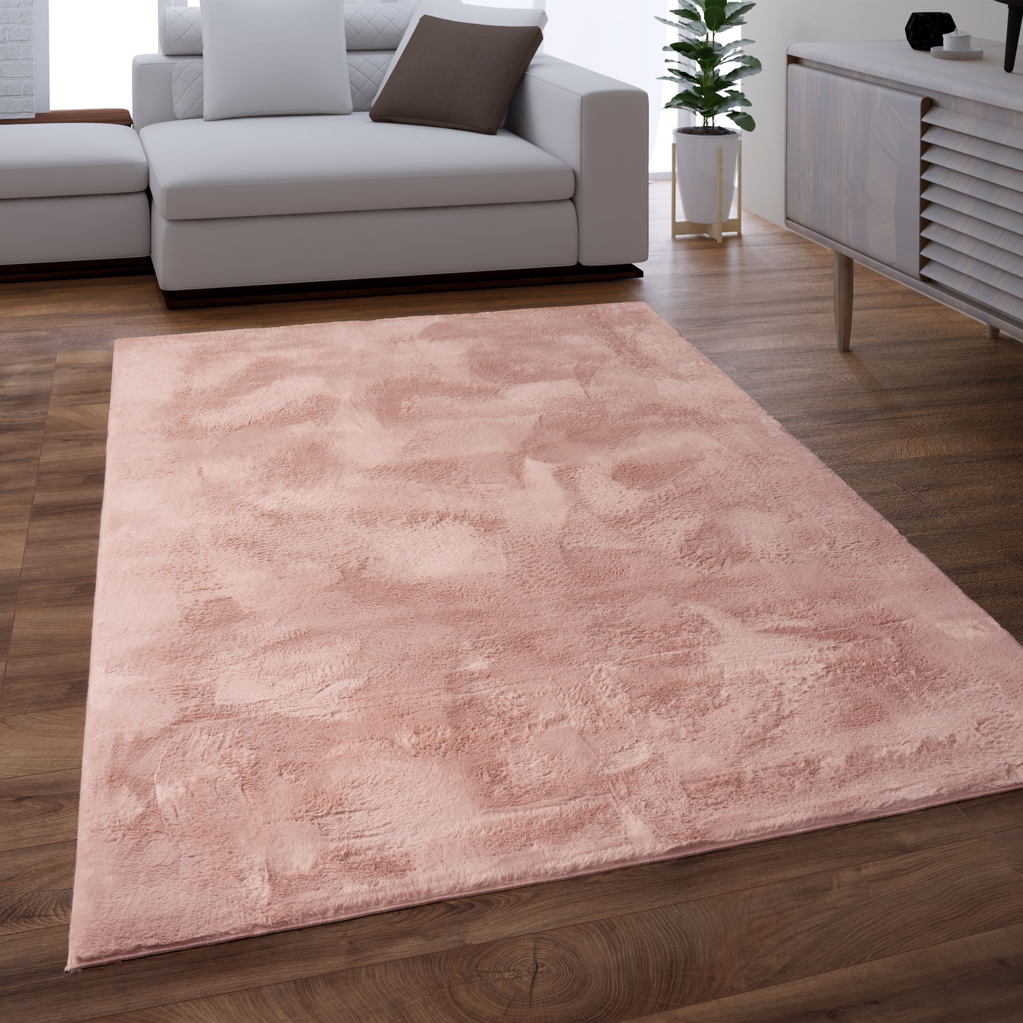 Paco Home - Teppich Wohnzimmer Kunstfell Shaggy Hochflor Waschbar In Waschmaschine Soft Uni Rosa 140x200 Cm
