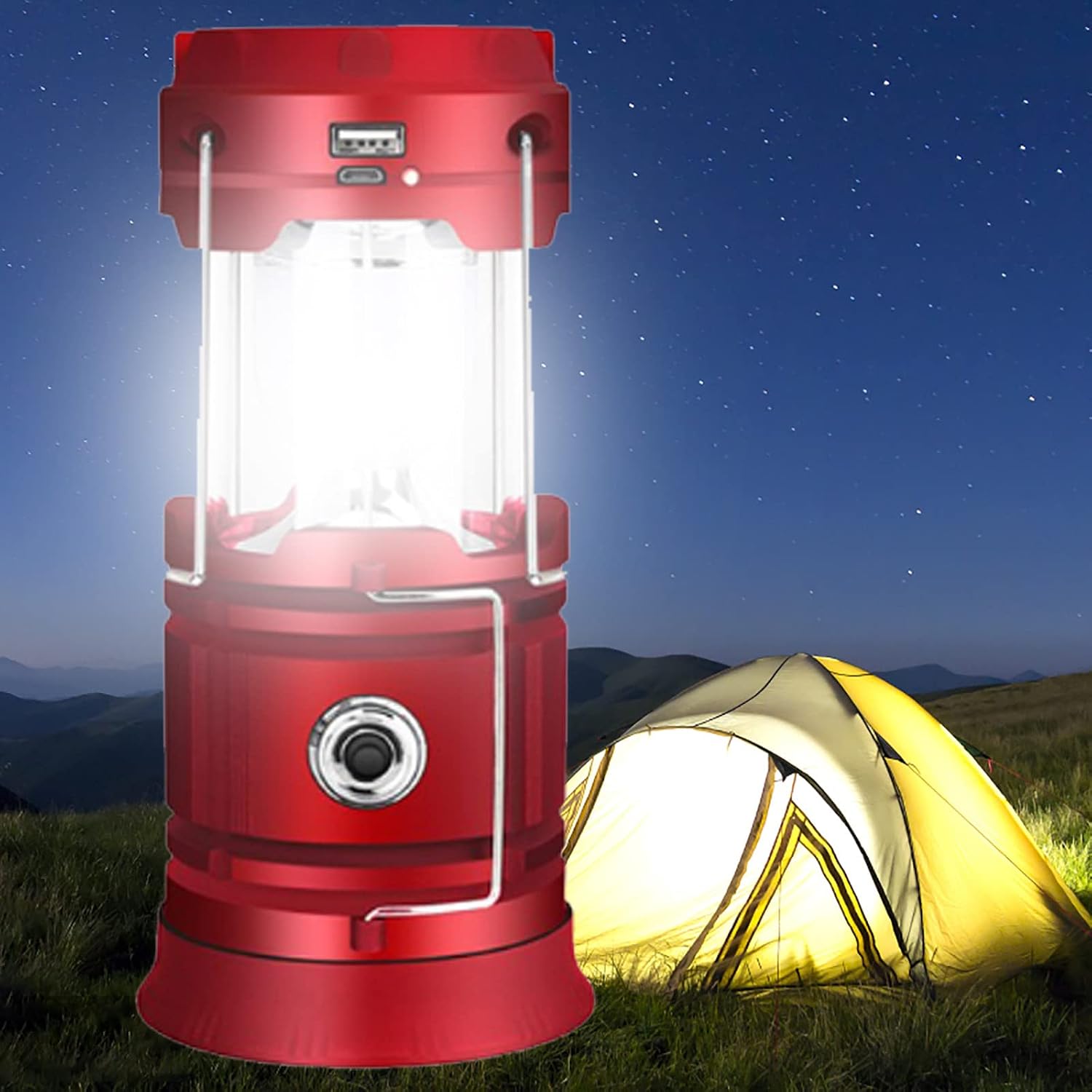 Tragbare Led-campinglaterne – Ultrahelle, Per Usb Aufladbare Solarlaterne, Batteriebetriebene Taschenlampe, Für Camping, Wandern, Gartenhaus, Rot
