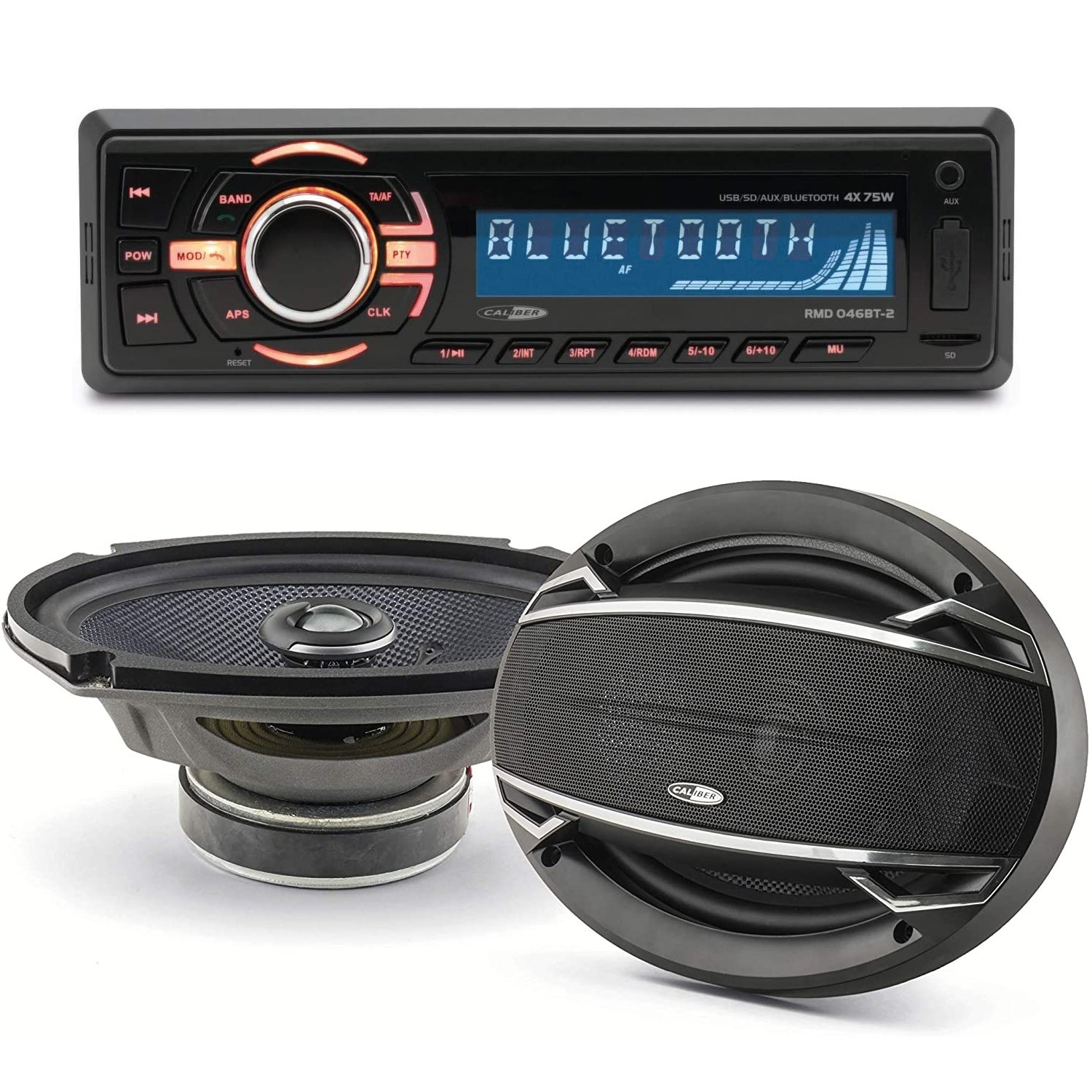 Pack Sono Voiture Autoradio Bluetooth Rmd046bt-2 4x75w + 2 Haut Parleurs Ovales 6x9" Caliber 180w