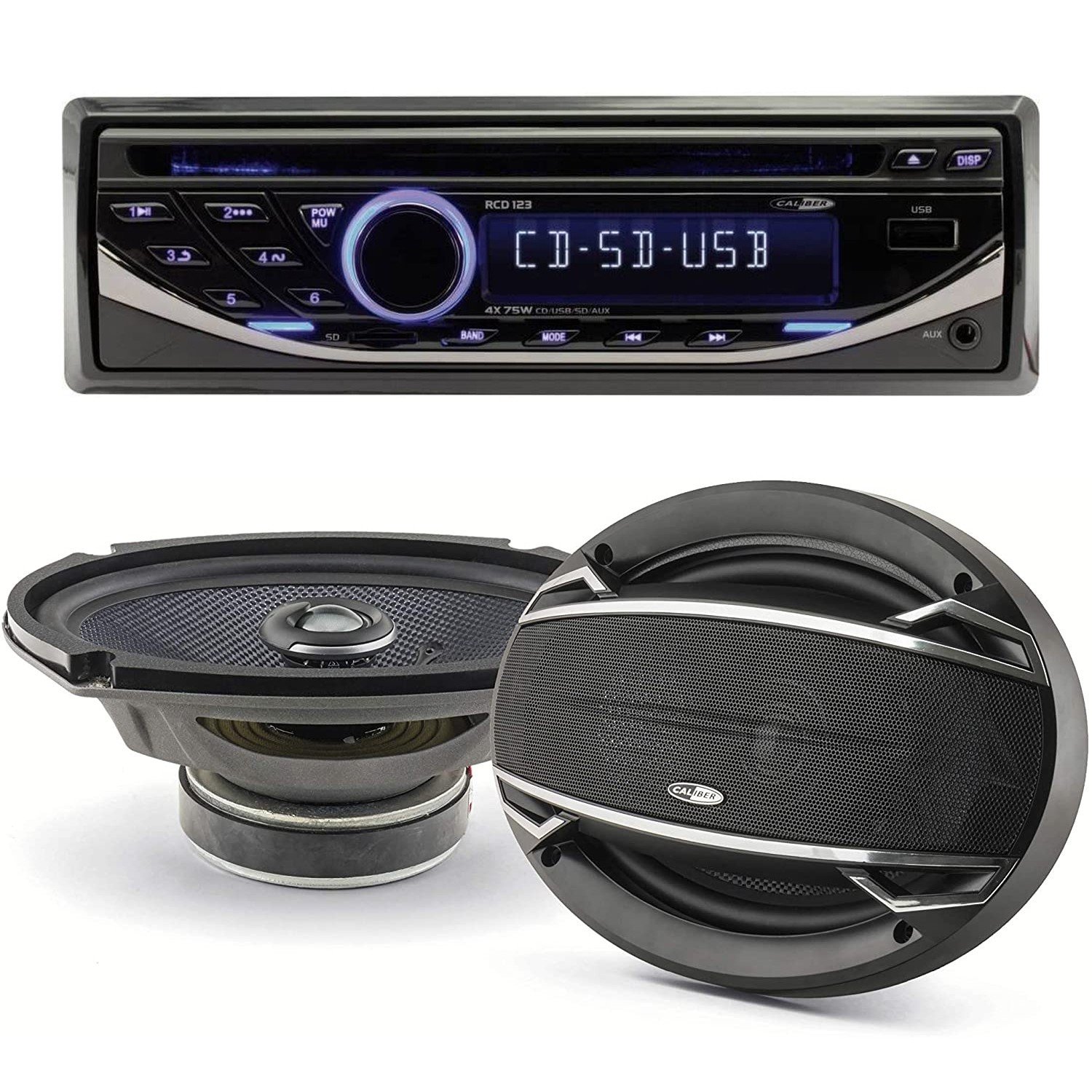 Pack Sono Voiture Autoradio Rcd123 4x75w + 2 Haut Parleurs Ovales 6x9" Caliber 180w