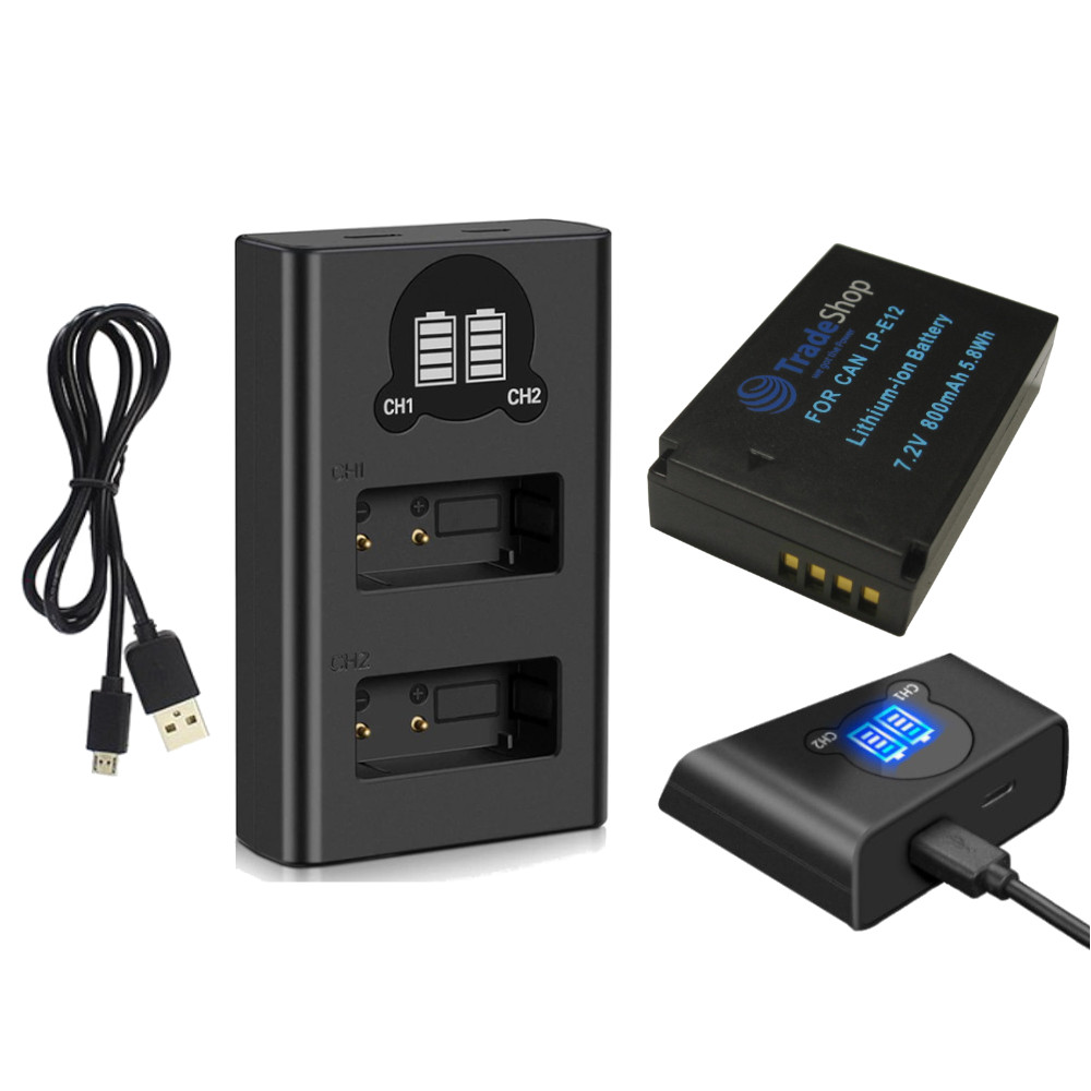 Trade-shop Akku Ersetzt Canon Lp-e12 800mah + Doppel-ladegerät Usb-c Dual Charger Lc-e12e Für Viele Canon Eos Kameras (eos 100d, M, M2, M10, M50 Uvm)