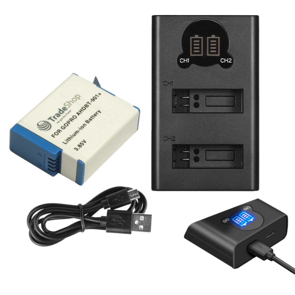 Trade-shop 2in1 Set: Li-ion Akku 3,85v 1900mah + Usb Typ-c Dual Ladegerät Für Gopro Hero 9 Hero 10 Hero 11 Black Ersetzt Gopro Ahdbt-901, Adbat-001