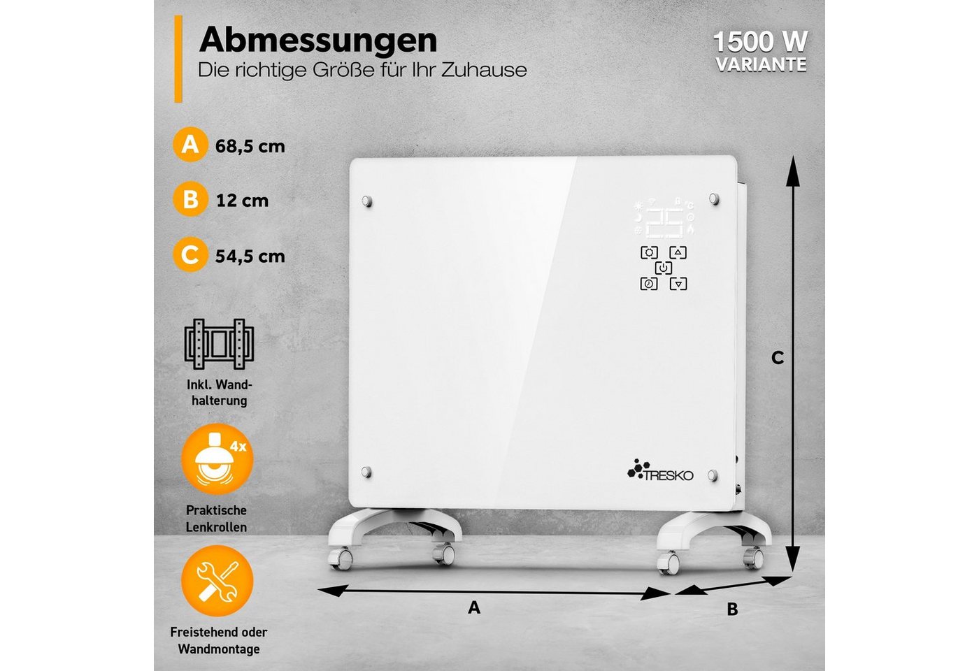 Tresko® Elektroheizung Weiß 1500w Inkl. Wifi & App Glaskonvektor Konvektor Wand Heizung Glas Heizkörper Bad