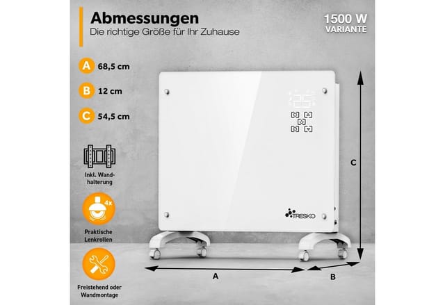 Tresko® Elektroheizung Weiß 1500w Inkl. Wifi & App Glaskonvektor Konvektor Wand Heizung Glas Heizkörper Bad