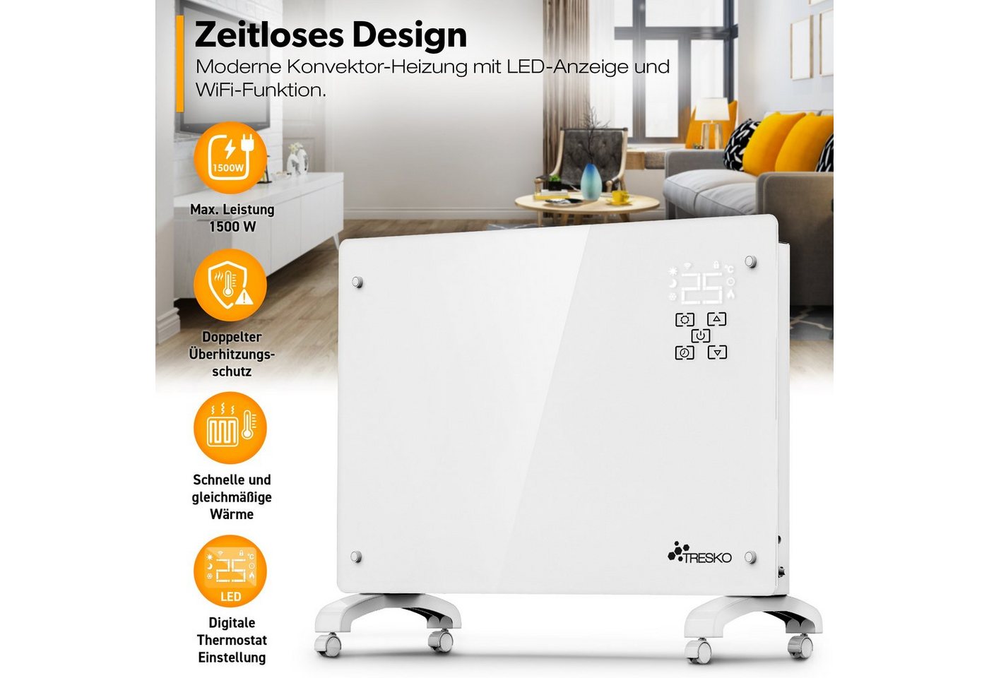 Tresko® Elektroheizung Weiß 1500w Inkl. Wifi & App Glaskonvektor Konvektor Wand Heizung Glas Heizkörper Bad Bild 2
