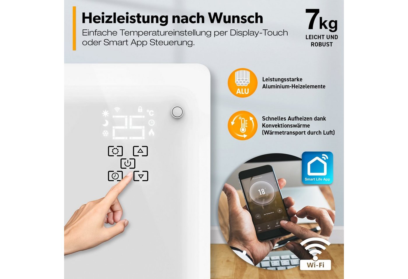 Tresko® Elektroheizung Weiß 1500w Inkl. Wifi & App Glaskonvektor Konvektor Wand Heizung Glas Heizkörper Bad Bild 3