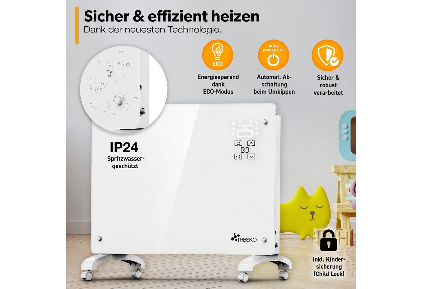 Tresko® Elektroheizung Weiß 1500w Inkl. Wifi & App Glaskonvektor Konvektor Wand Heizung Glas Heizkörper Bad Bild 5