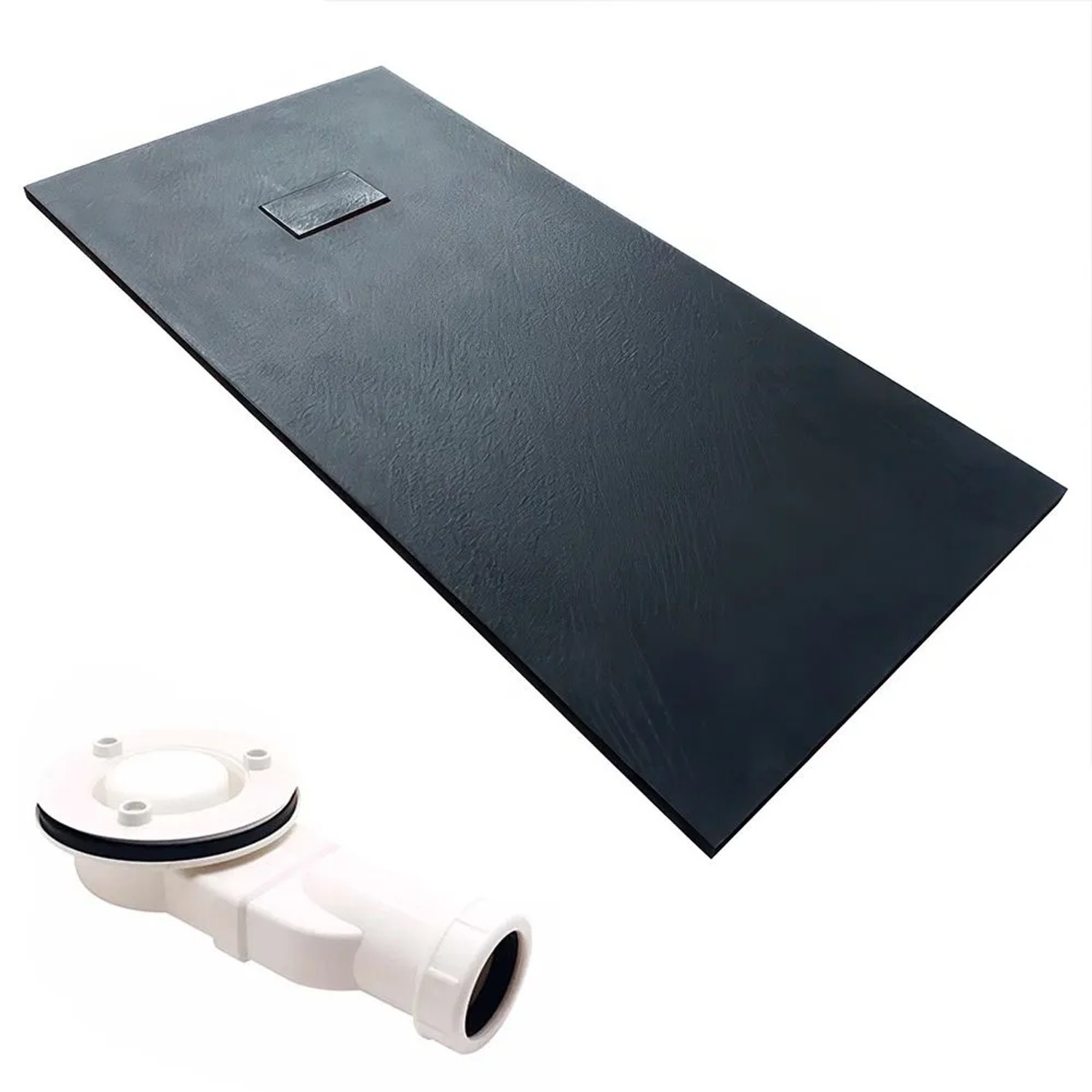 KOLMAN Duschwanne Rechteckig 150 x 90 x 3.2 Cm Verbundwerkstoff Schwarz Steinoptik Inkl. Ablaufgarnitur