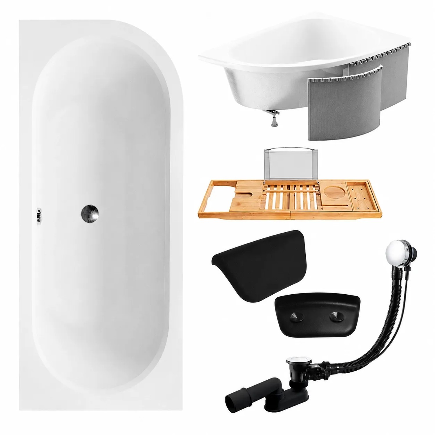 KOLMAN Badewanne Eckwanne 150 x 75 Cm Links Mit Styroporverkleidung Mit Bambus Badewannenablage Mit Kopfstütze KODI Inkl. Ablauf Und Füße