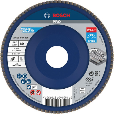 Bosch Fächerschleifscheibe X571, Best for Metal, gerade, 115 x 22,23 mm, 80, Kunst.