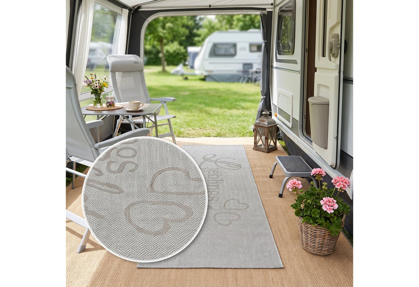 OTTO home Läufer Lieblingsplatz, mit Schriftzug, In- und Outdoor geeignet, rechteckig, Höhe: 5 mm, Wetterfest, UV-beständig, Küchenläufer, Camping, Balkon