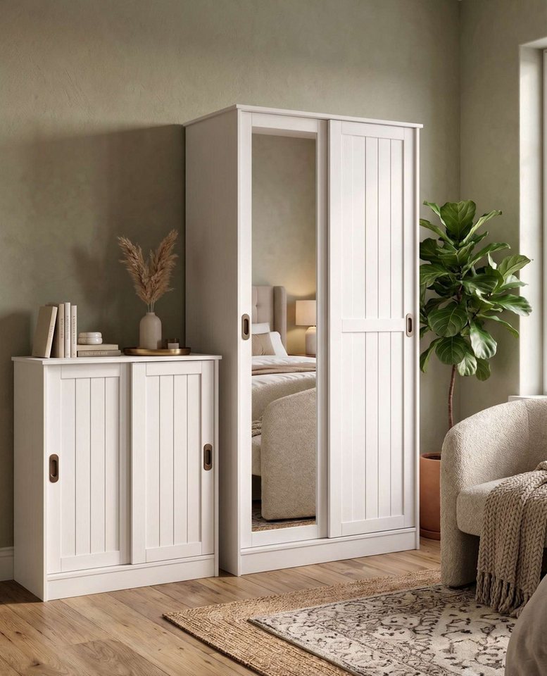 OTTO home Garderobenschrank Malmö Mehrzweckschrank mit Schiebetüren und Spiegel (B/T/H: 93/37/184 cm) aus massiver FSC®-zertifizierter Kiefer, B/T/H 93/37/187 cm