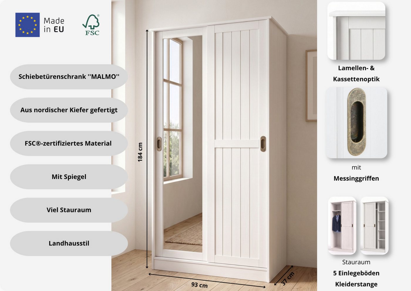 OTTO home Garderobenschrank Malmö Mehrzweckschrank mit Schiebetüren und Spiegel (B/T/H: 93/37/184 cm) aus massiver FSC®-zertifizierter Kiefer, B/T/H 93/37/187 cm Bild 4