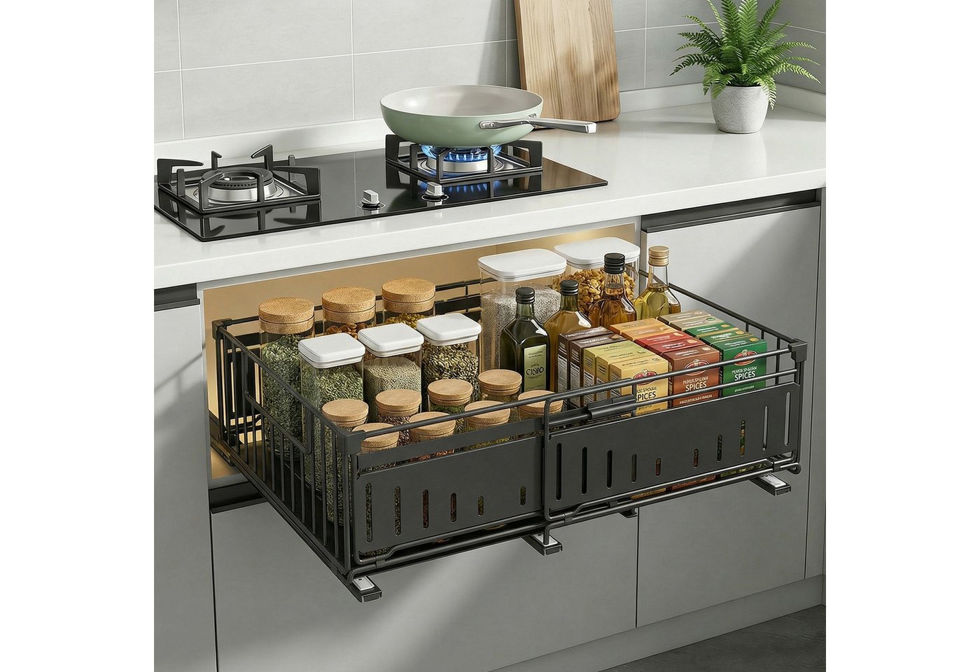 BlingBin Küchenorganizer-Set Teleskopschublade Ausziehbare Schublade Küche Organizer Schrankkorb, (1 Stück, ohne Bohren für Küche Küchenschränke, Bad, Zimmern und Abstellräumen), 39x16.5x32.5-49.5 CM,Pull Out Cabinet Drawer mit Kleber