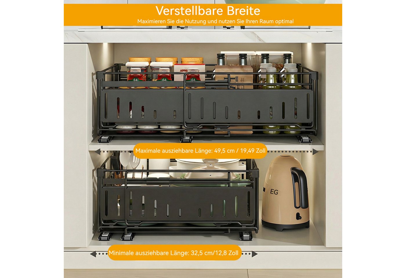 BlingBin Küchenorganizer-Set Teleskopschublade Ausziehbare Schublade Küche Organizer Schrankkorb, (1 Stück, ohne Bohren für Küche Küchenschränke, Bad, Zimmern und Abstellräumen), 39x16.5x32.5-49.5 CM,Pull Out Cabinet Drawer mit Kleber Bild 3