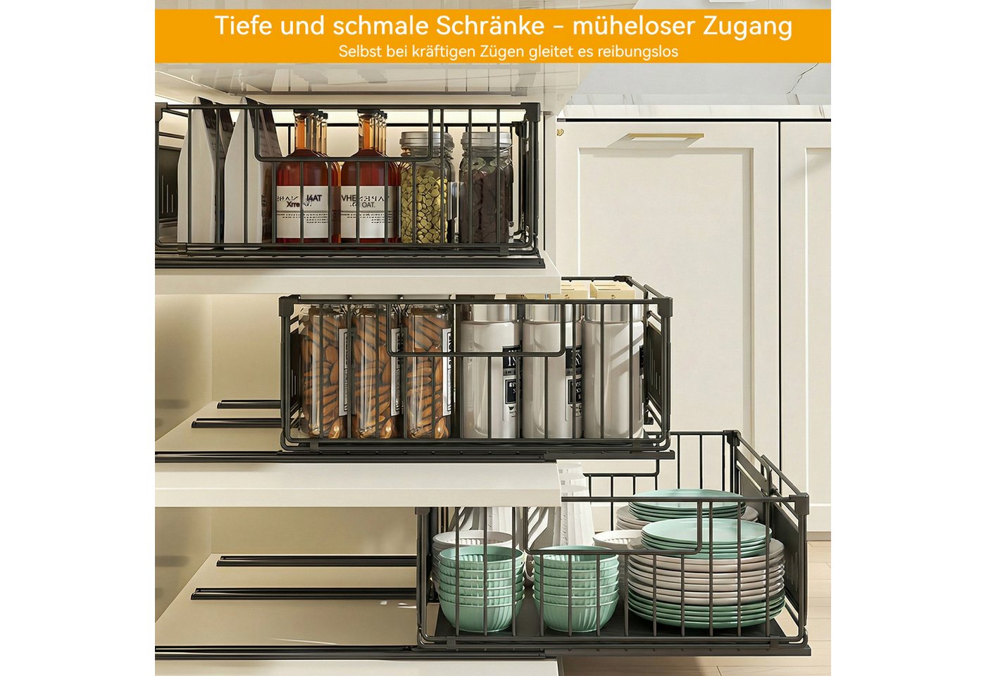 BlingBin Küchenorganizer-Set Teleskopschublade Ausziehbare Schublade Küche Organizer Schrankkorb, (1 Stück, ohne Bohren für Küche Küchenschränke, Bad, Zimmern und Abstellräumen), 39x16.5x32.5-49.5 CM,Pull Out Cabinet Drawer mit Kleber Bild 4