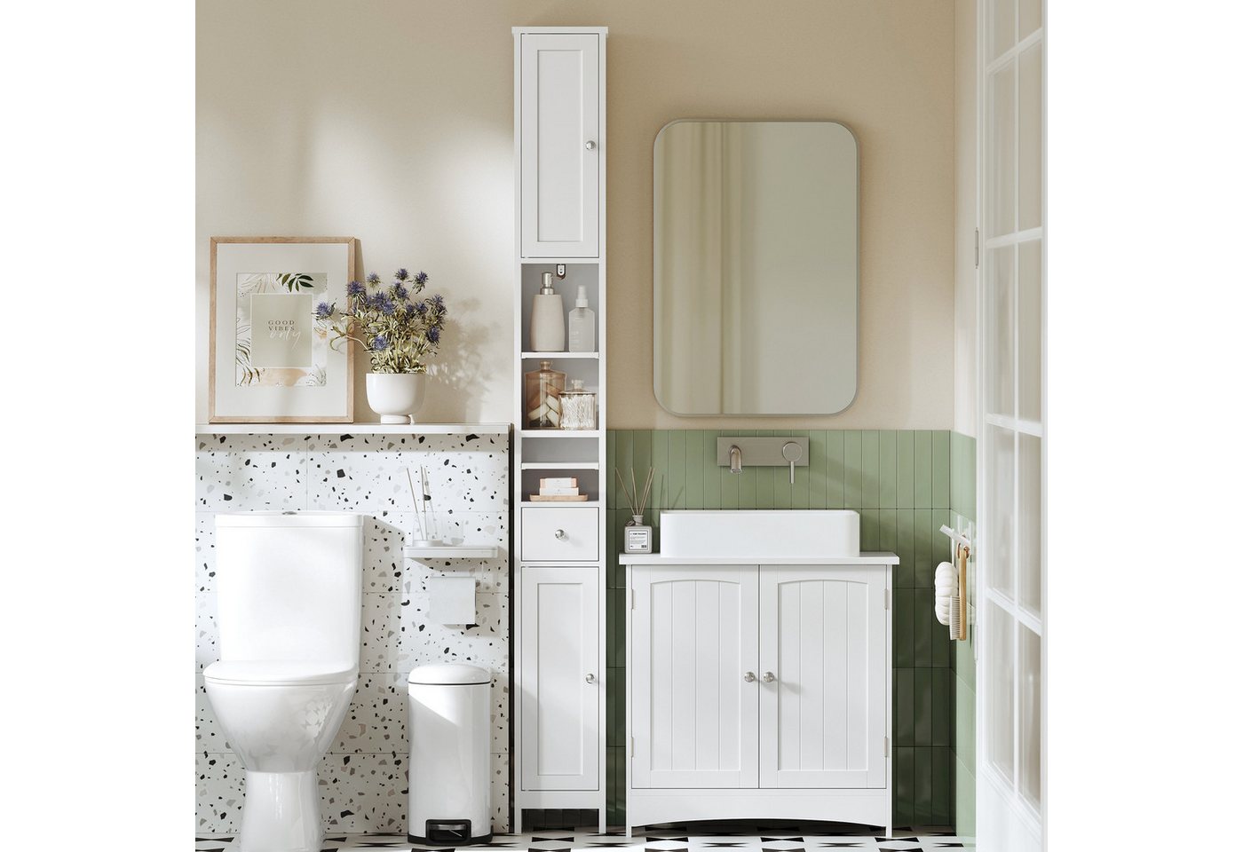 VASAGLE Badkommode Badezimmerschrank, Badschrank, mit verstellbaren Ablagen, Schublade, hoch, schmaler Aufbewahrungsschrank, offenen Fächern, für kleine Räume Bild 2