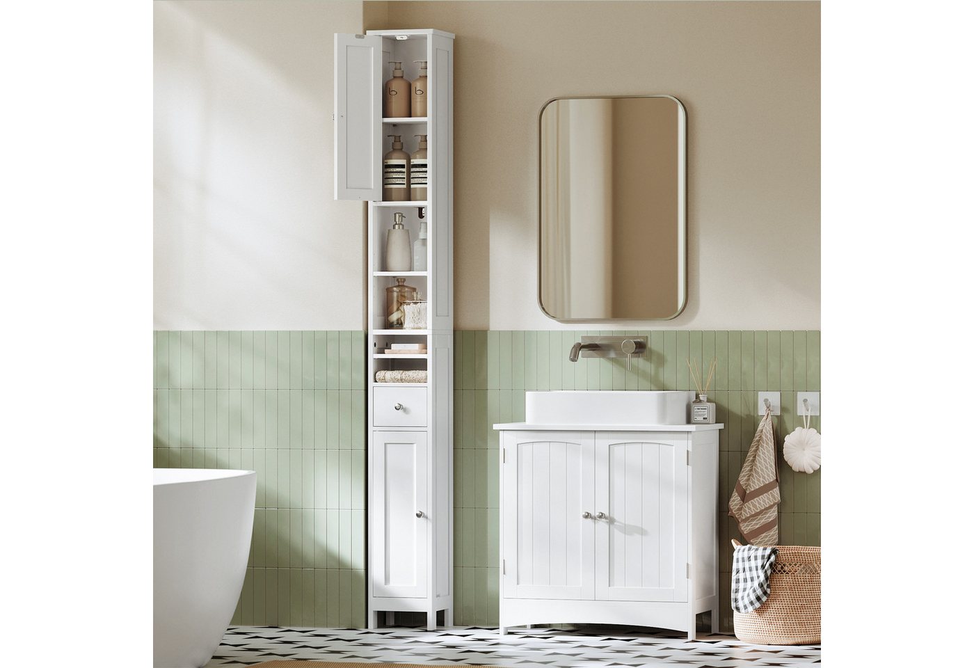 VASAGLE Badkommode Badezimmerschrank, Badschrank, mit verstellbaren Ablagen, Schublade, hoch, schmaler Aufbewahrungsschrank, offenen Fächern, für kleine Räume Bild 5