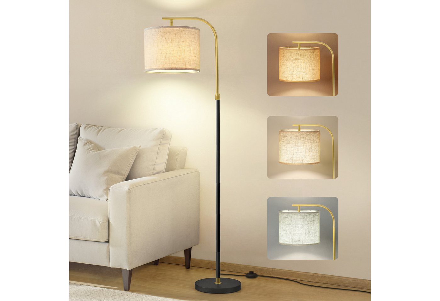 VASAGLE Stehlampe Stehleuchte, Bogenlampe, höhenverstellbare Leselampe, mit Fußtaster, mit 3 Lichtfarben, 150-175 cm hoch, modern, Lampenschirm aus Stoff, E27 Fassung