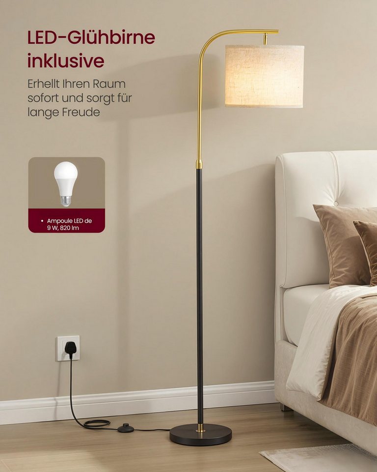 VASAGLE Stehlampe Stehleuchte, Bogenlampe, höhenverstellbare Leselampe, mit Fußtaster, mit 3 Lichtfarben, 150-175 cm hoch, modern, Lampenschirm aus Stoff, E27 Fassung Bild 2