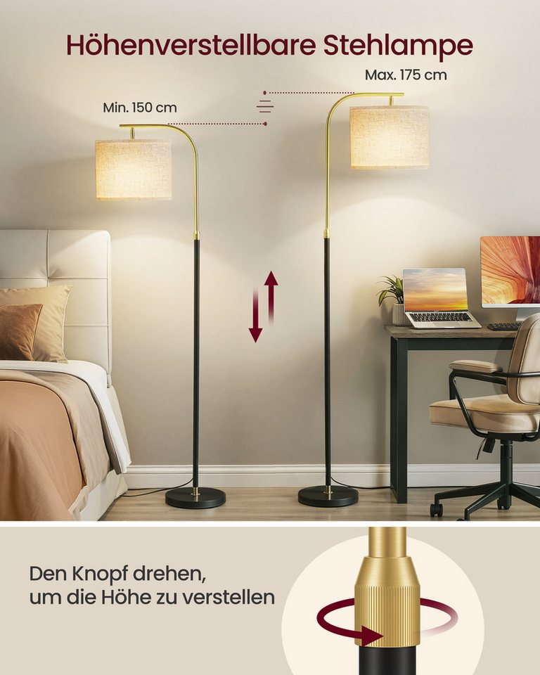 VASAGLE Stehlampe Stehleuchte, Bogenlampe, höhenverstellbare Leselampe, mit Fußtaster, mit 3 Lichtfarben, 150-175 cm hoch, modern, Lampenschirm aus Stoff, E27 Fassung Bild 3