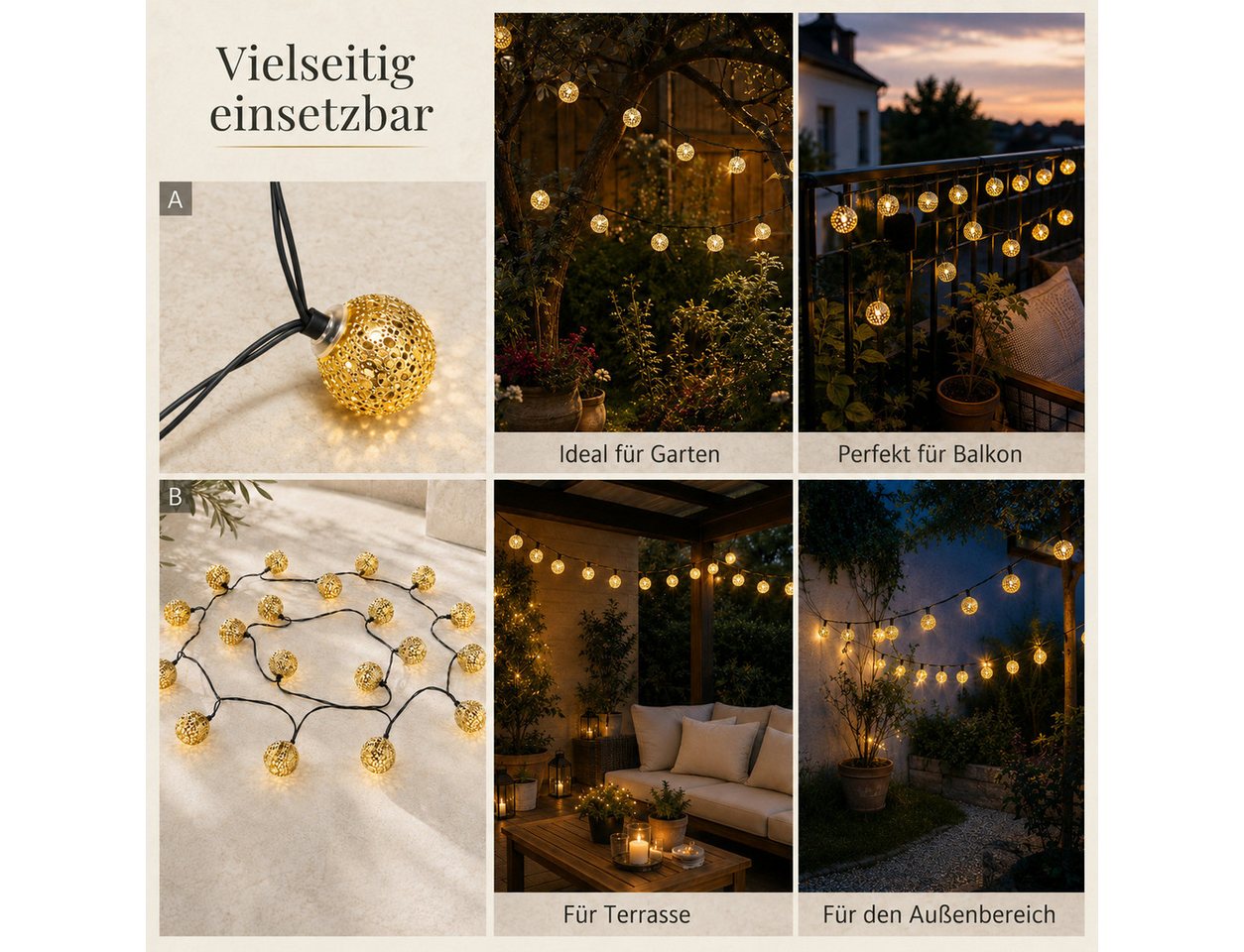 Fyrove LED Solarleuchte Outdoor Lichterkette LED Kugel-Lichterkette für Garten 5 M 20 Lampen, gartendek, solar lichterkette für außen, Warmweiß, Garten Led Lampe Kugel Solar Lampen Für Außen Lichterkette Outdoor