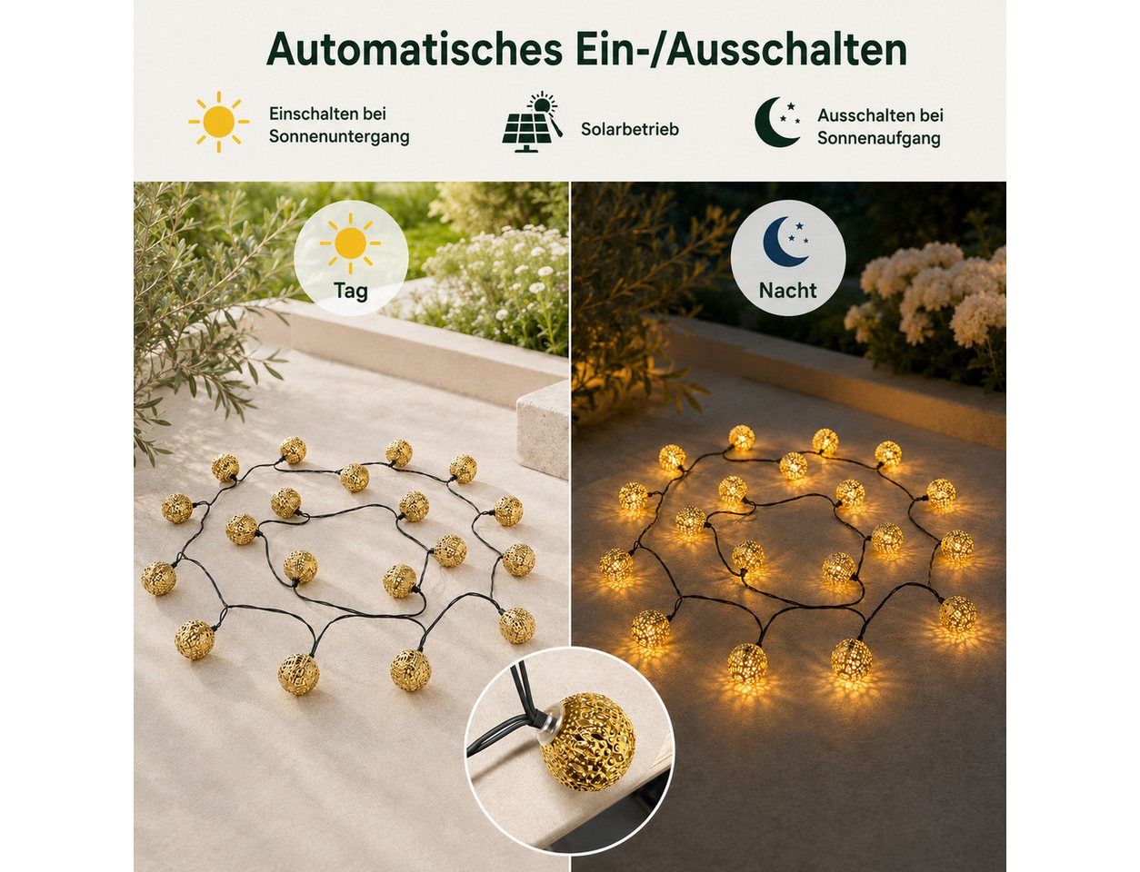 Fyrove LED Solarleuchte Outdoor Lichterkette LED Kugel-Lichterkette für Garten 5 M 20 Lampen, gartendek, solar lichterkette für außen, Warmweiß, Garten Led Lampe Kugel Solar Lampen Für Außen Lichterkette Outdoor Bild 2