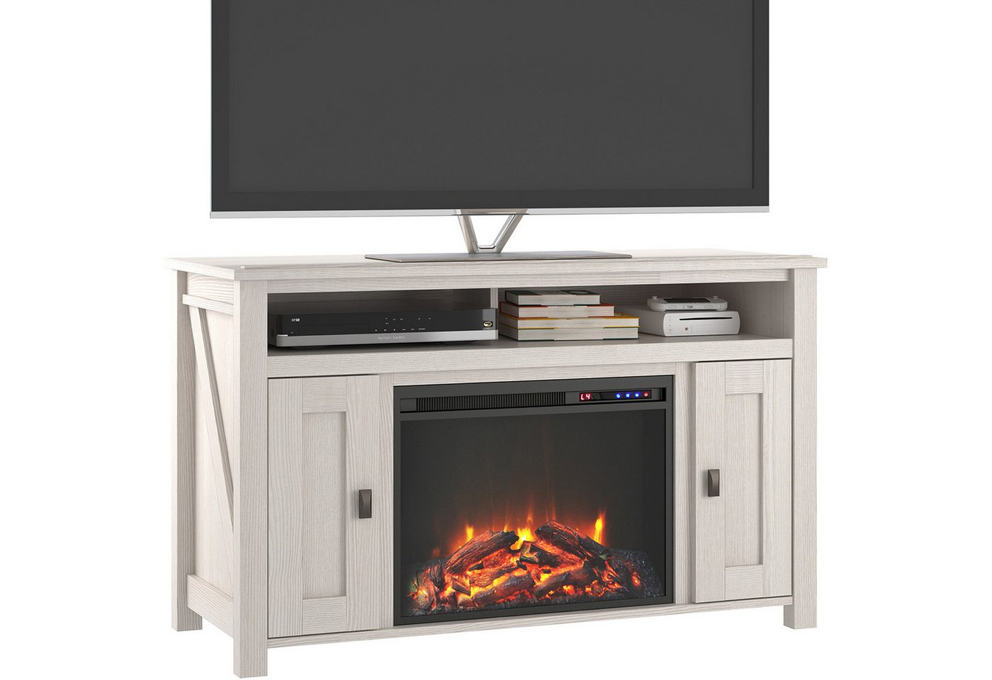 loft24 Kaminumbauschrank Farmington - Sideboard TV-Lowboard Elektrokamin Fernsehschrank 2 Türen, offene Fächer, Landhausstil Bild 5