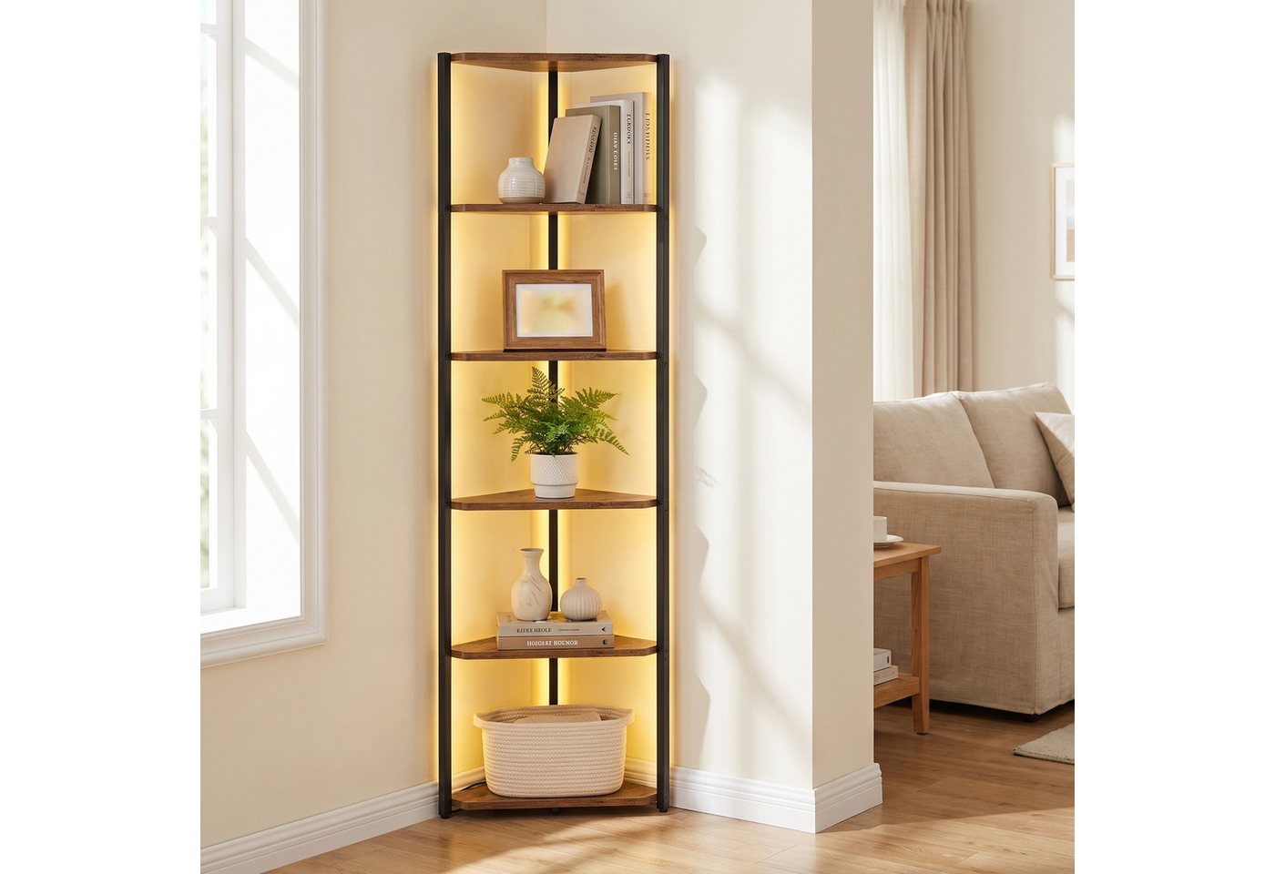 VASAGLE Eckregal Regal mit Stahlrahmen, für Wohnzimmer, Schlafzimmer, Arbeitszimmer, Eckregal mit 6 Ebenen, Bücherregal mit einstellbarer LED-Beleuchtung