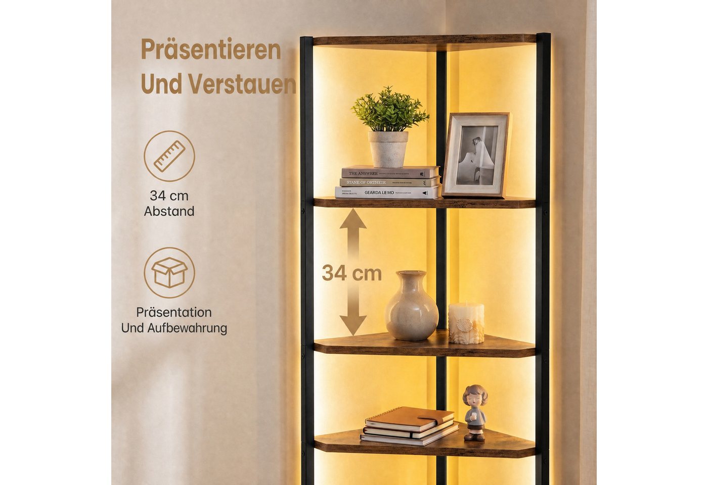 VASAGLE Eckregal Regal mit Stahlrahmen, für Wohnzimmer, Schlafzimmer, Arbeitszimmer, Eckregal mit 6 Ebenen, Bücherregal mit einstellbarer LED-Beleuchtung Bild 2
