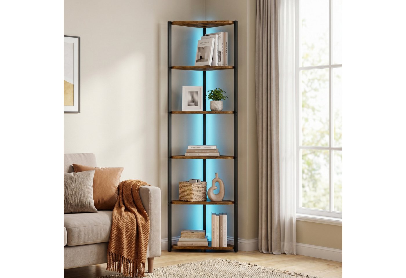 VASAGLE Eckregal Regal mit Stahlrahmen, für Wohnzimmer, Schlafzimmer, Arbeitszimmer, Eckregal mit 6 Ebenen, Bücherregal mit einstellbarer LED-Beleuchtung Bild 5