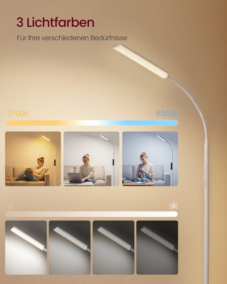 VASAGLE Stehlampe Stehleuchte, Leselampe, Timer- und Memory-Funktion, für Wohnzimmer, 15 Watt, 141-175 cm höhenverstellbar, 360° drehbarer Schwanenhals
