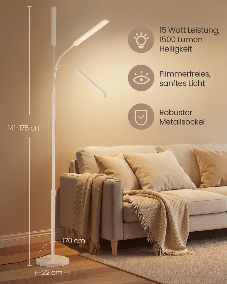 VASAGLE Stehlampe Stehleuchte, Leselampe, Timer- und Memory-Funktion, für Wohnzimmer, 15 Watt, 141-175 cm höhenverstellbar, 360° drehbarer Schwanenhals Bild 2