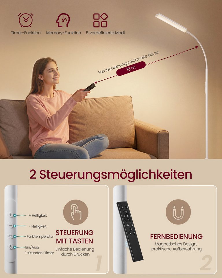 VASAGLE Stehlampe Stehleuchte, Leselampe, Timer- und Memory-Funktion, für Wohnzimmer, 15 Watt, 141-175 cm höhenverstellbar, 360° drehbarer Schwanenhals Bild 4