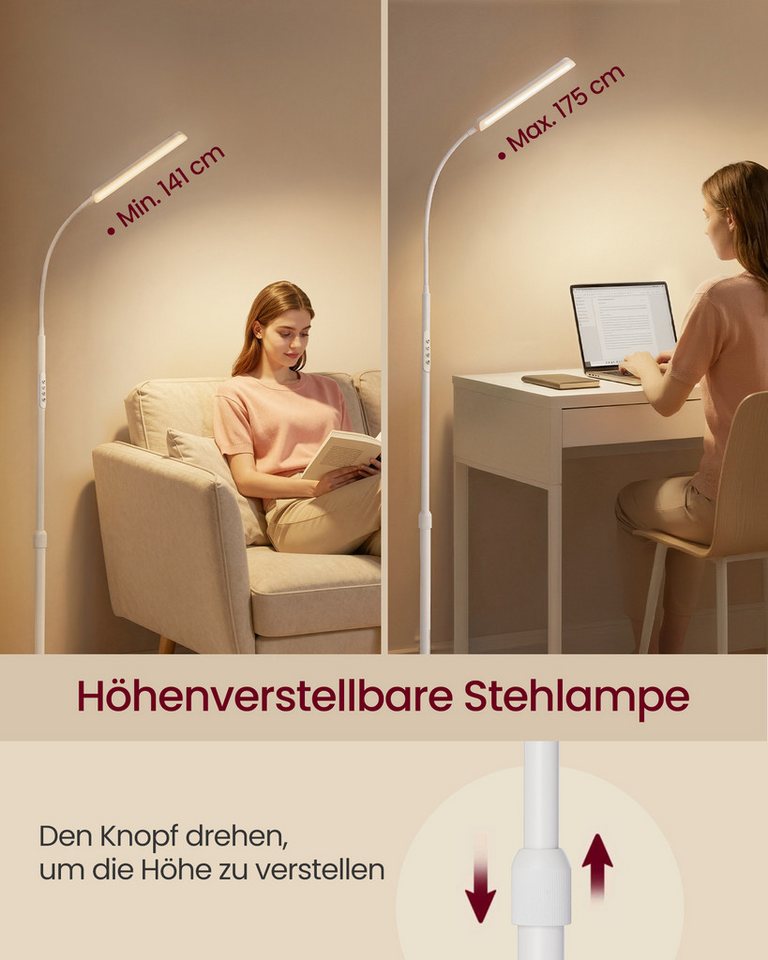 VASAGLE Stehlampe Stehleuchte, Leselampe, Timer- und Memory-Funktion, für Wohnzimmer, 15 Watt, 141-175 cm höhenverstellbar, 360° drehbarer Schwanenhals Bild 5