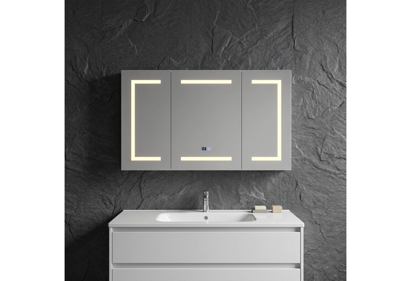 Furnishings Home Badezimmerspiegelschrank Spiegelschrank bad mit beleuchtung Doppeltür Hängeschrank (Einstellung der warmen und kalten Farbtemperatur 3000/4500/6400K) inkl. Steckdosen, LED-Beleuchtung, Touchschalter, Antibeschlagfunktion