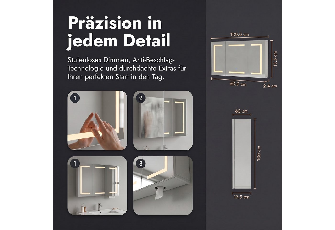 Furnishings Home Badezimmerspiegelschrank Spiegelschrank bad mit beleuchtung Doppeltür Hängeschrank (Einstellung der warmen und kalten Farbtemperatur 3000/4500/6400K) inkl. Steckdosen, LED-Beleuchtung, Touchschalter, Antibeschlagfunktion Bild 5
