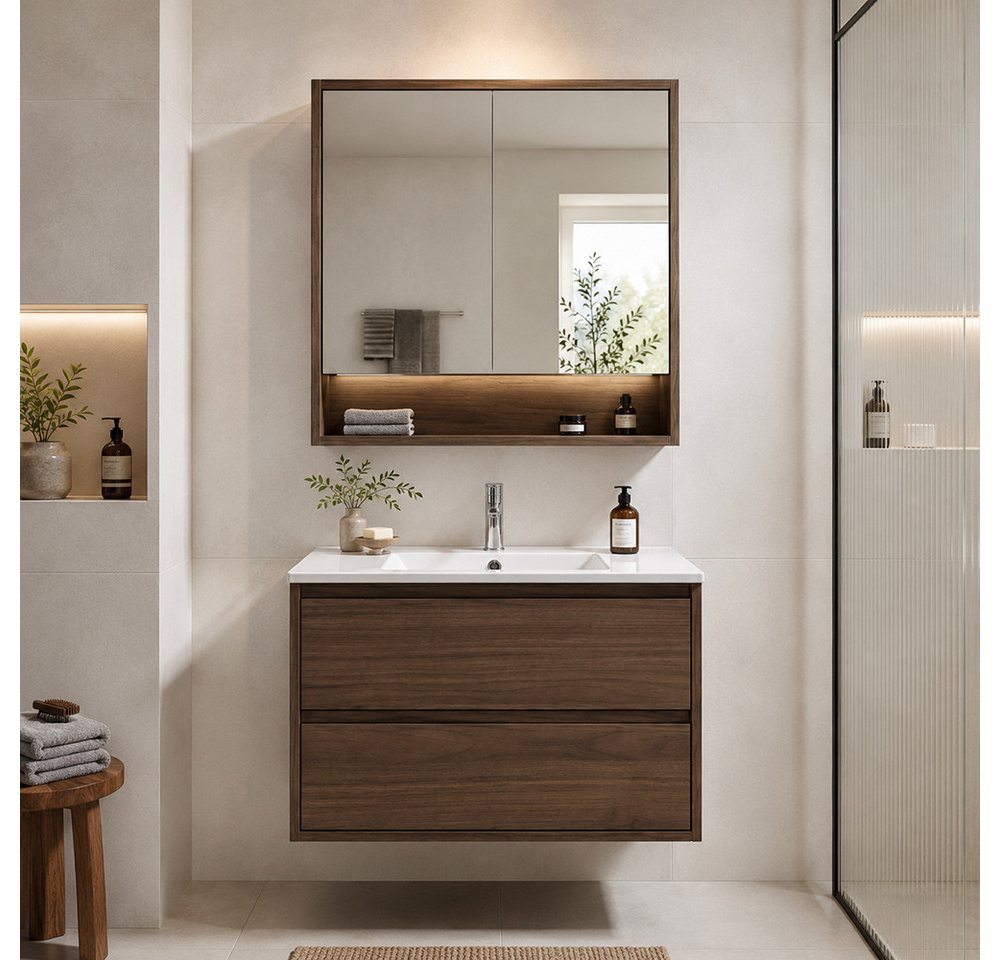 Lomadox Badmöbel-Set VERZUOLO-56-WALNUT, (Spar-Set, 2-St., Spiegelschrank Waschbecken Waschbeckenschrank), in Walnuss, wandhängend, grifflos, LED-Beleuchtung