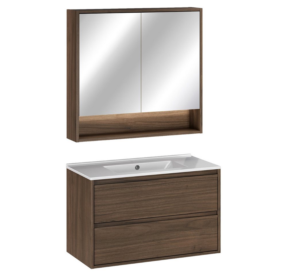 Lomadox Badmöbel-Set VERZUOLO-56-WALNUT, (Spar-Set, 2-St., Spiegelschrank Waschbecken Waschbeckenschrank), in Walnuss, wandhängend, grifflos, LED-Beleuchtung Bild 5