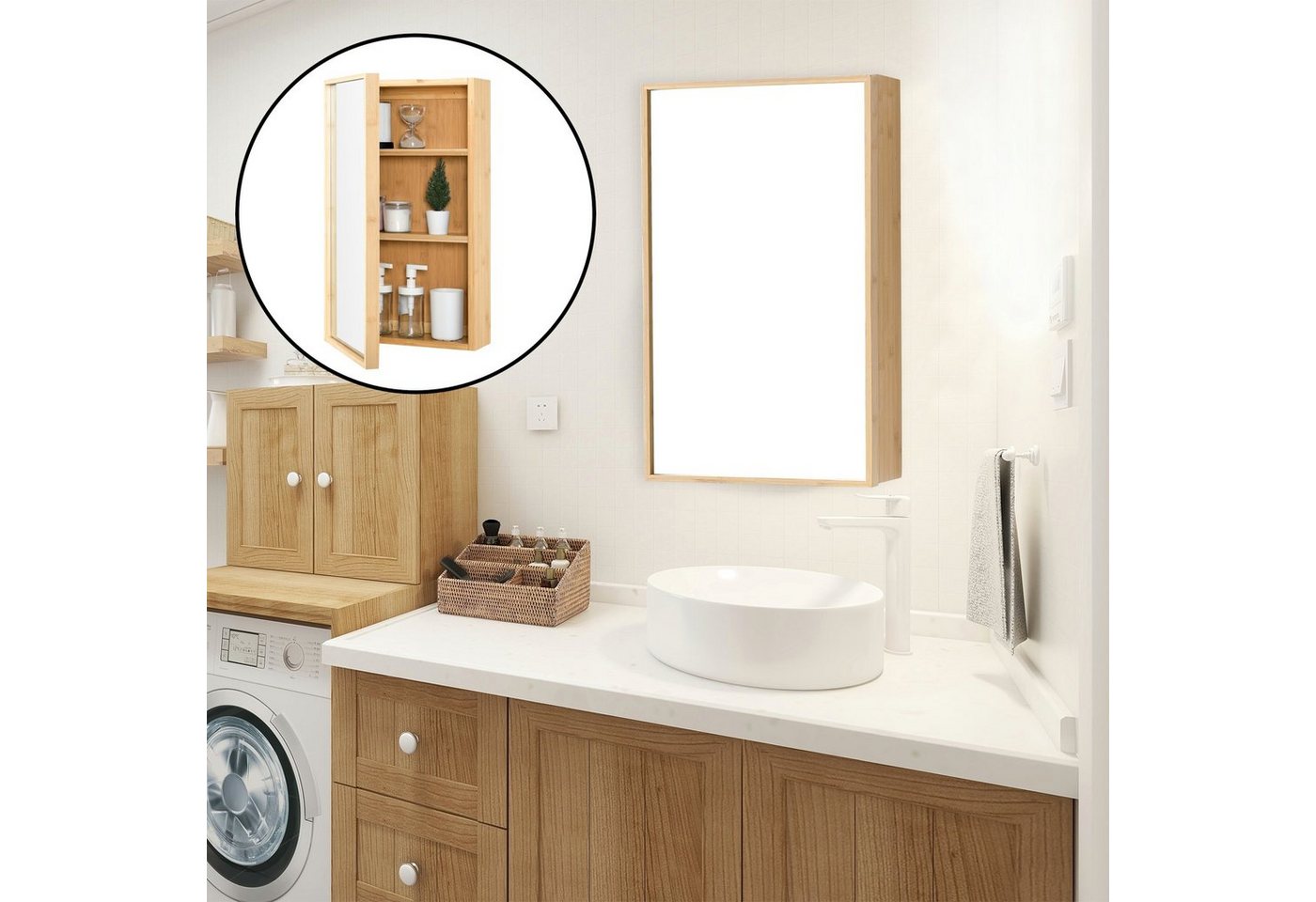 en.casa Spiegelschrank Ikorfat Badezimmer Schrank Bambus 60,5 x 35 x 14 cm Natur