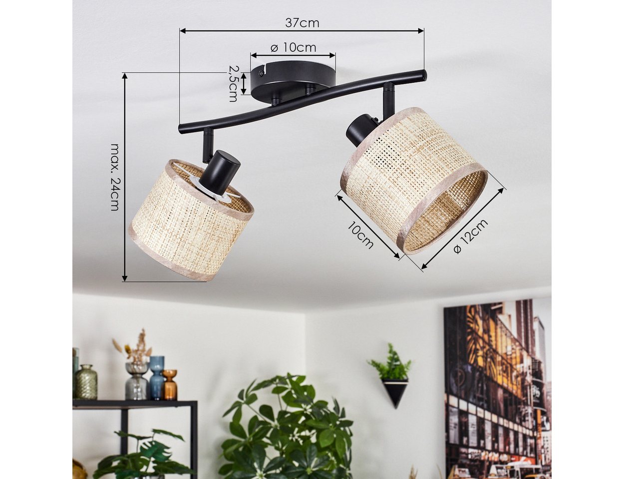 hofstein Deckenleuchte Boho-Style Deckenlampe a. Metall/Papiergeflecht in Schwarz/Natur/Beige, ohne Leuchtmittel