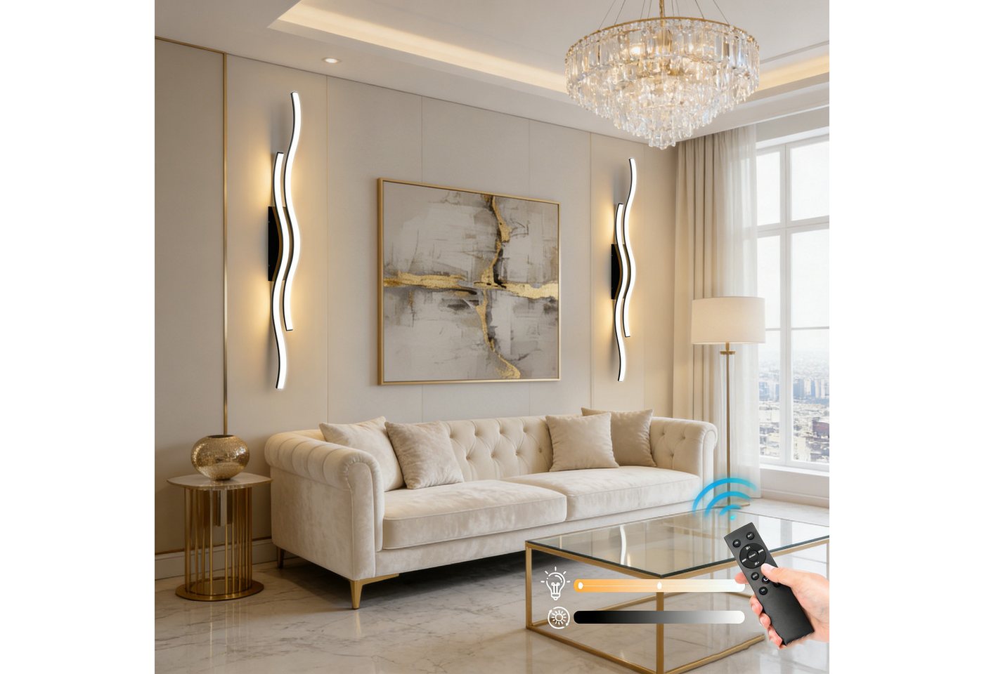 Jibenhome LED Wandleuchte LED Wandleuchte Innen Wandlampe Wave Line,Minimalistische, LED fest integriert, mit Fernbedienung & Touch-Steuerung,3000K-6000K,Timer