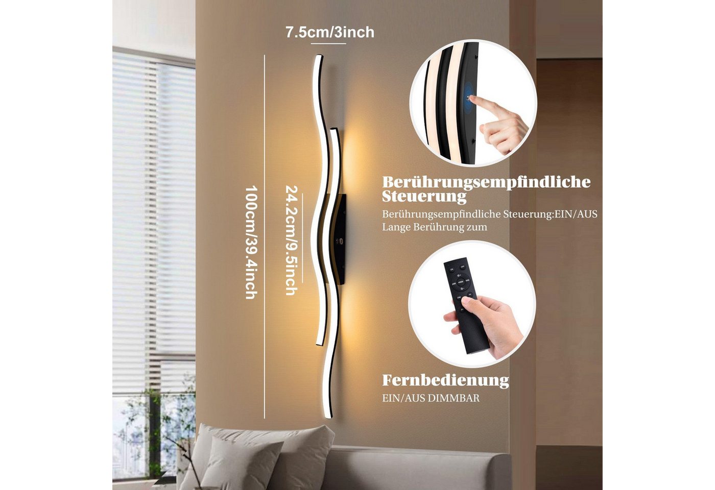 Jibenhome LED Wandleuchte LED Wandleuchte Innen Wandlampe Wave Line,Minimalistische, LED fest integriert, mit Fernbedienung & Touch-Steuerung,3000K-6000K,Timer Bild 3