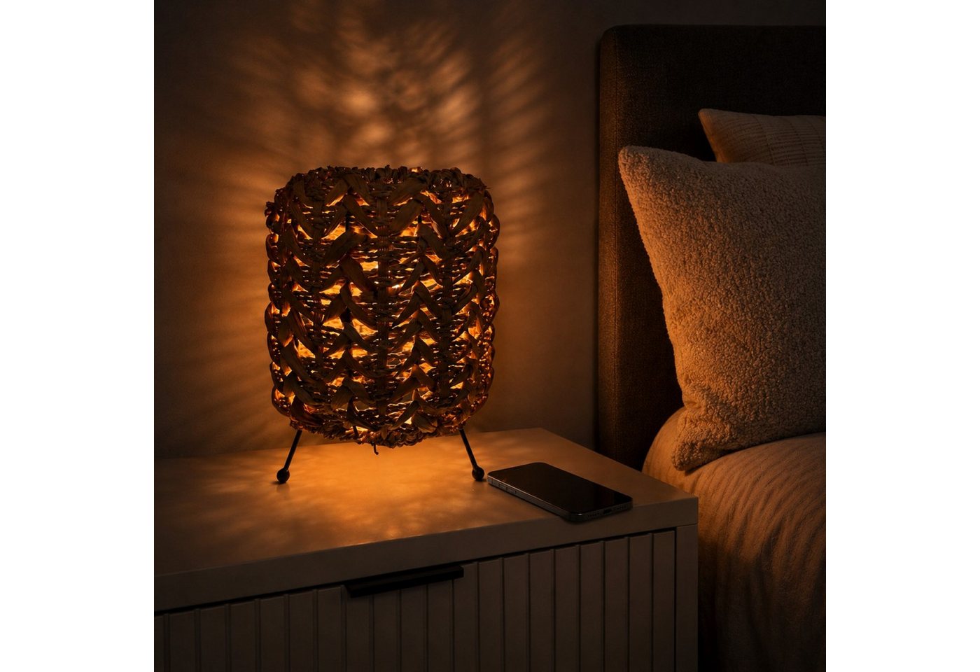 Online-Fuchs Nachttischlampe - Dekoleuchte aus Wasserhyazinthe - Schlafzimmer, Wohnzimmer, E-27 Fassung, angenehm warmes Licht, dekorative Tischlampe für eine stimmungsvolle Beleuchtung