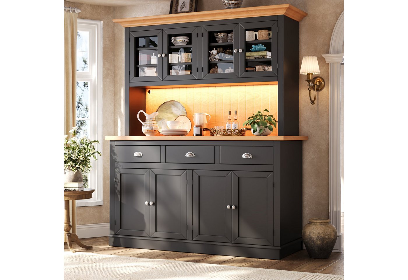 Flieks Küchenbuffet Hochschrank mit LED-Beleuchtung, 4 Glastüren, verstellbaren Böden (B140/T40/H180 cm, 1-St) Küchenschrank mit Arbeitsplatte Holzoptik Vitrine Retro-Stil Schwarz