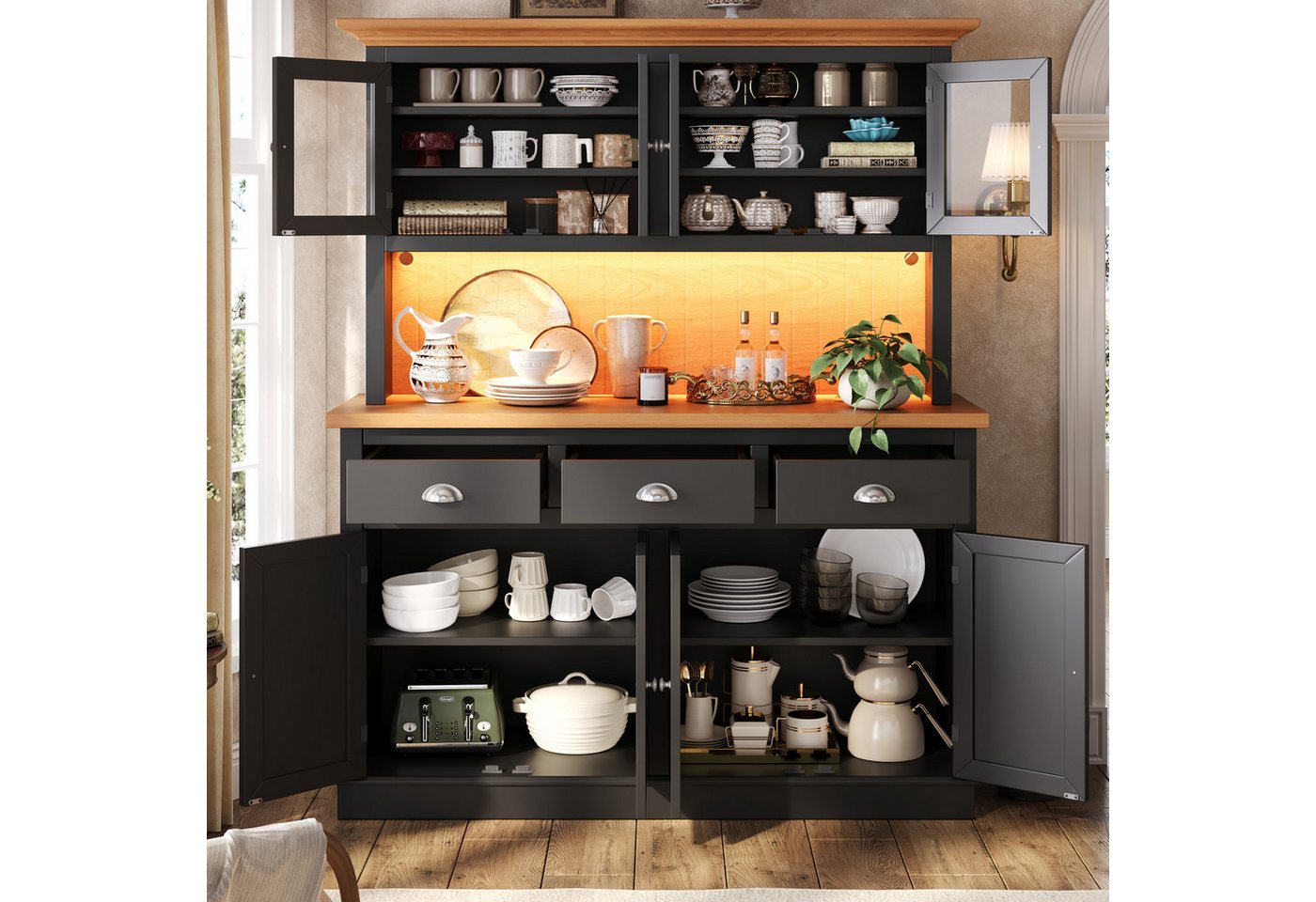 Flieks Küchenbuffet Hochschrank mit LED-Beleuchtung, 4 Glastüren, verstellbaren Böden (B140/T40/H180 cm, 1-St) Küchenschrank mit Arbeitsplatte Holzoptik Vitrine Retro-Stil Schwarz Bild 2