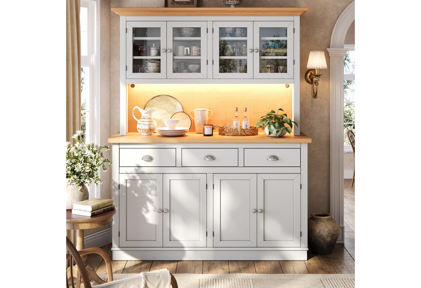 Flieks Küchenbuffet Hochschrank mit LED-Beleuchtung, 4 Glastüren, verstellbaren Böden (B140/T40/H180 cm, 1-St) Küchenschrank mit Arbeitsplatte Holzoptik Vitrine Retro-Stil Schwarz Bild 3
