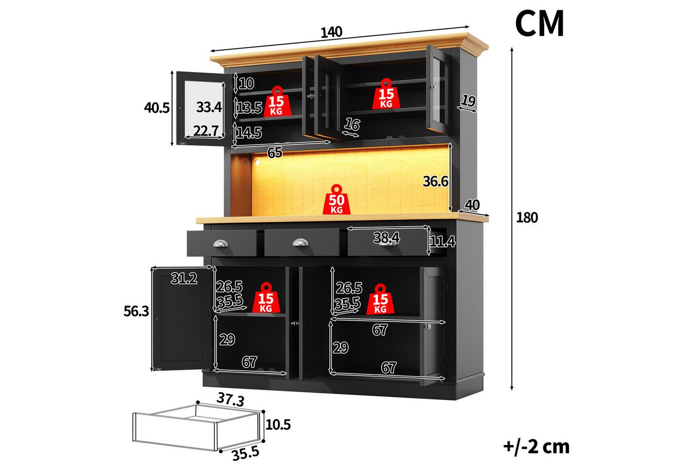 Flieks Küchenbuffet Hochschrank mit LED-Beleuchtung, 4 Glastüren, verstellbaren Böden (B140/T40/H180 cm, 1-St) Küchenschrank mit Arbeitsplatte Holzoptik Vitrine Retro-Stil Schwarz Bild 4