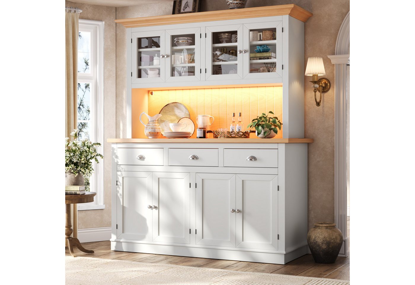Flieks Küchenbuffet Hochschrank mit LED-Beleuchtung, 4 Glastüren, verstellbaren Böden (B140/T40/H180 cm, 1-St) Küchenschrank mit Arbeitsplatte Holzoptik Vitrine Retro-Stil Schwarz Bild 5